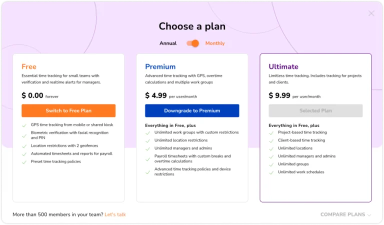 Subscription plan selector